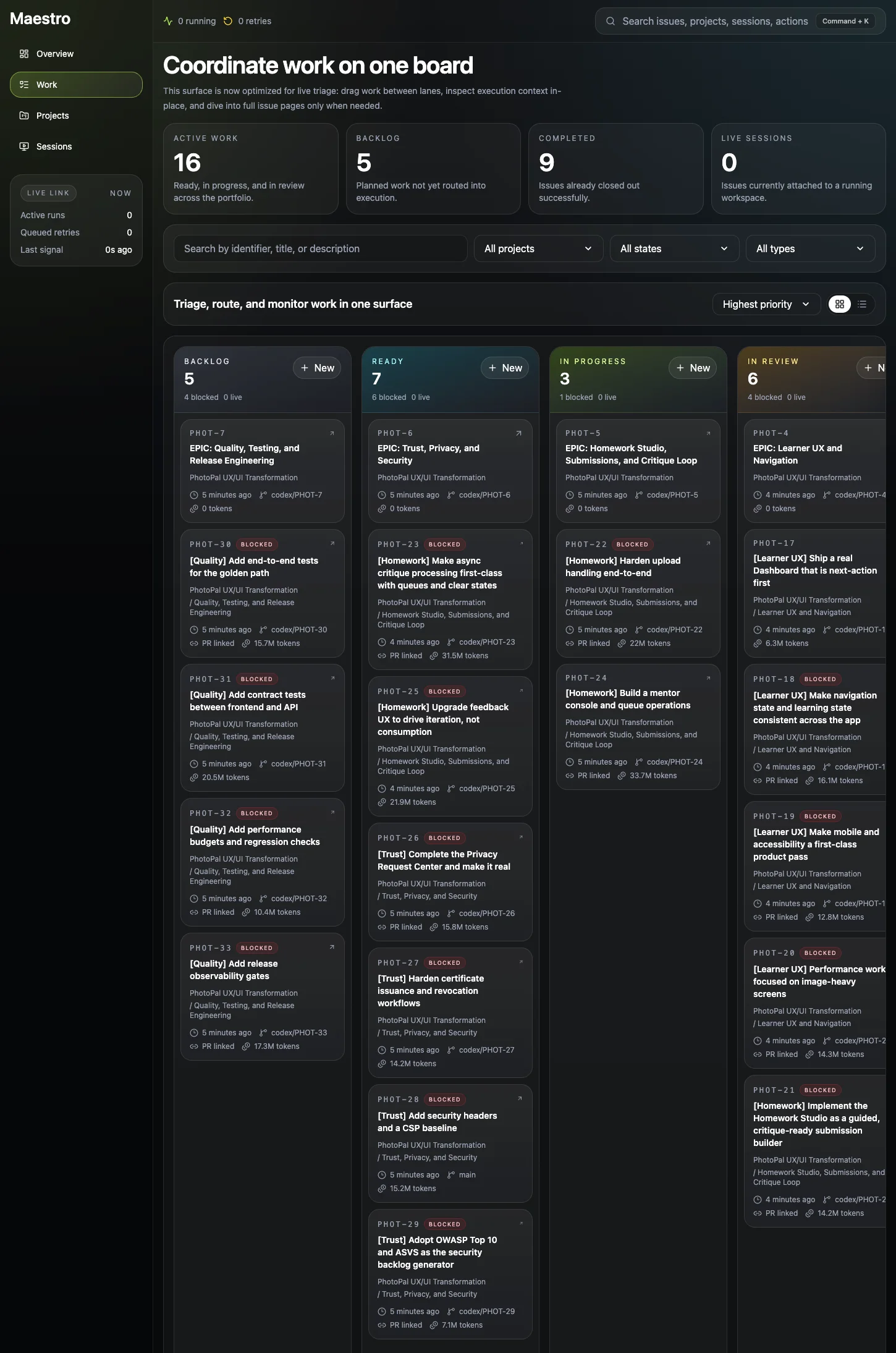 Maestro work board control center view with the shared issue composer open